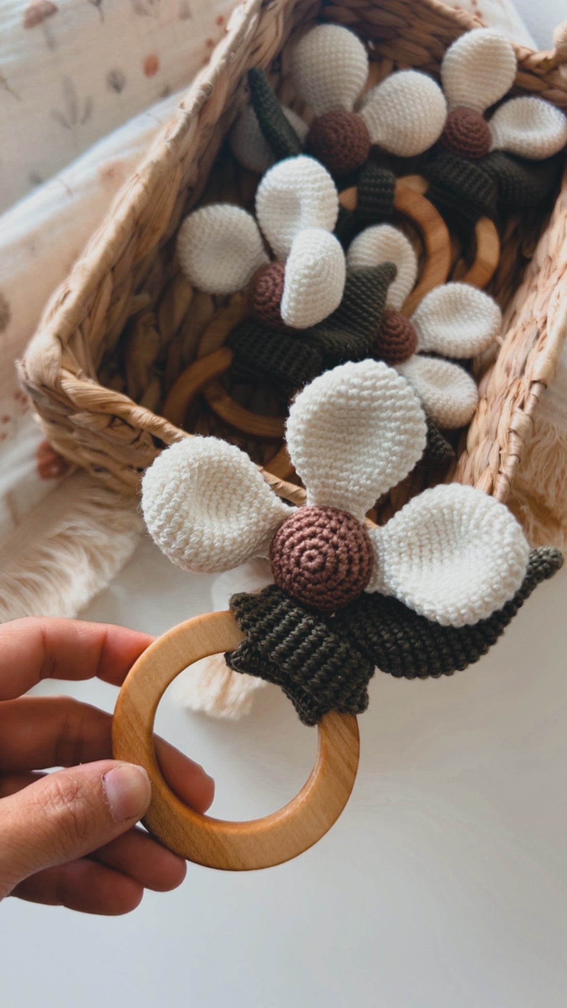 Handmade Flower Baby Rattle | Wooden Teether & Crochet Rattle
