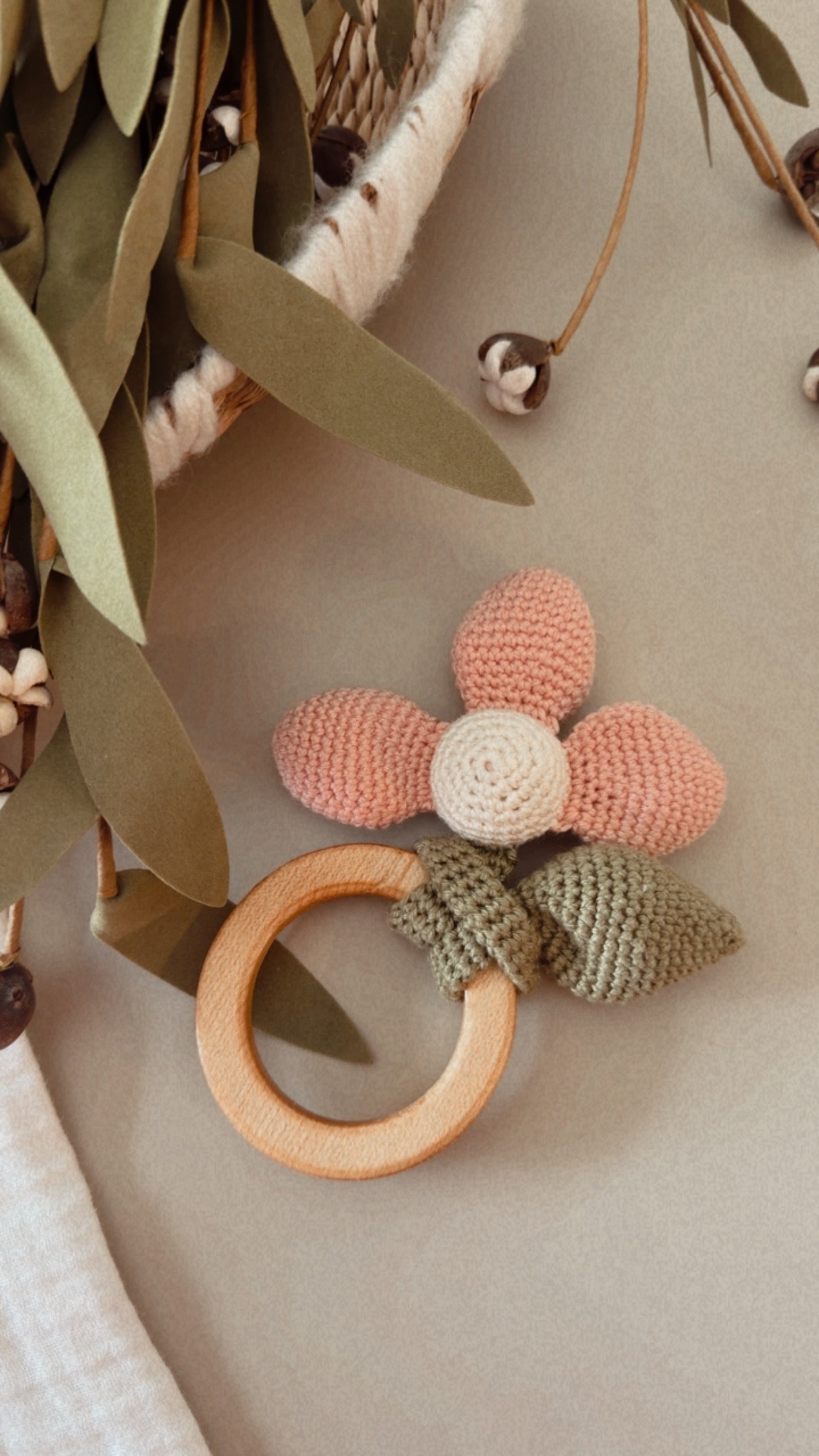 Handmade Flower Baby Rattle | Wooden Teether & Crochet Rattle