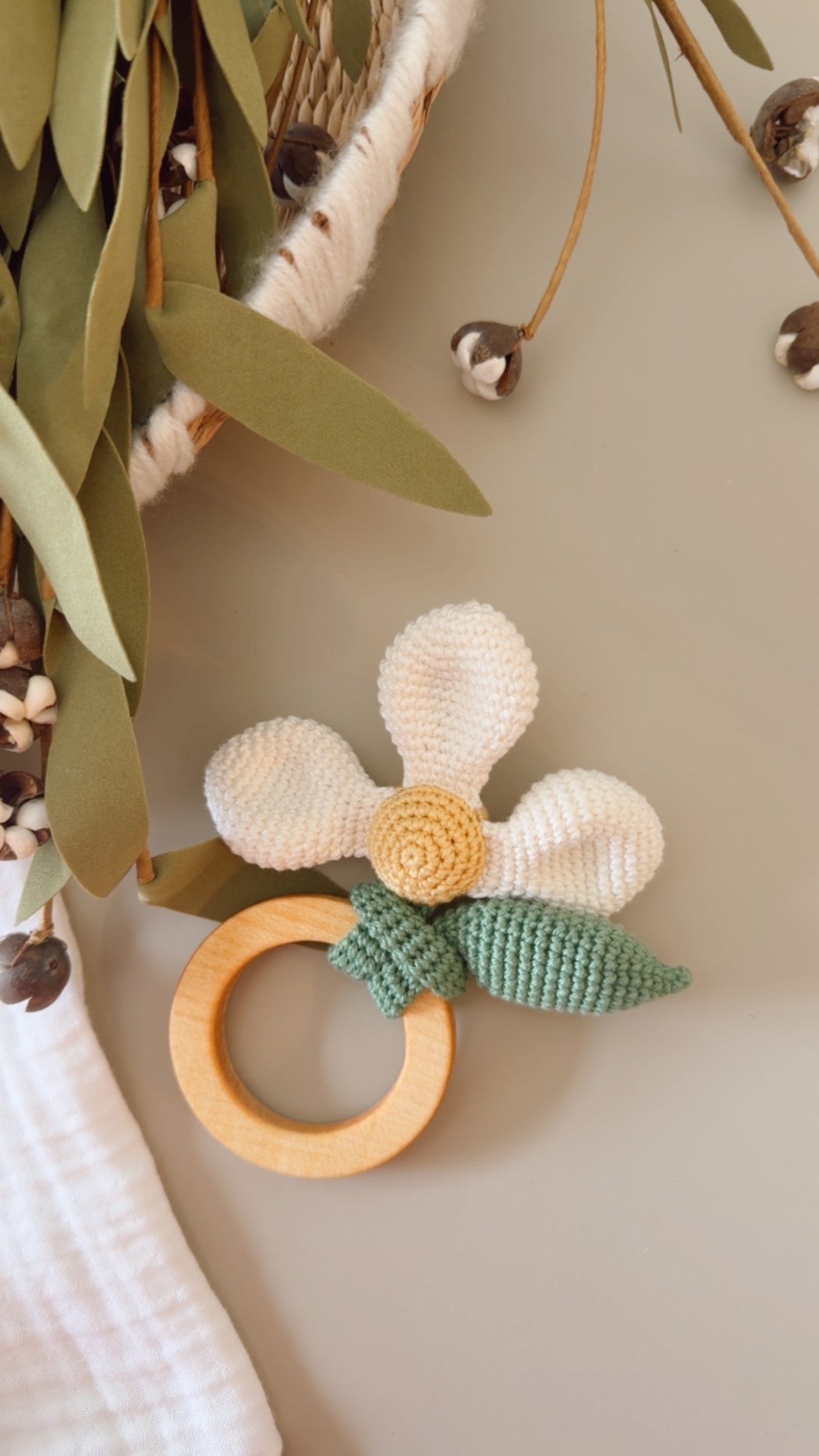 Handmade Flower Baby Rattle | Wooden Teether & Crochet Rattle