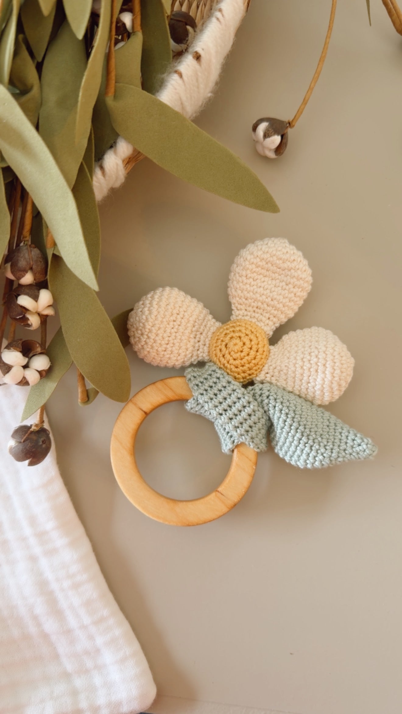 Handmade Flower Baby Rattle | Wooden Teether & Crochet Rattle