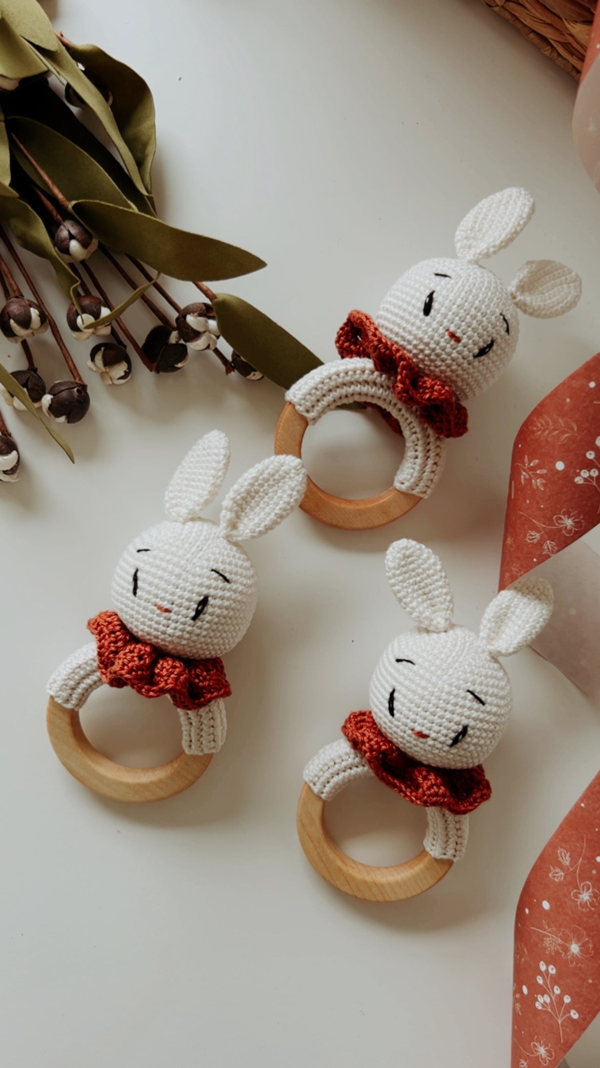 Handmade Bunny Rattle Teether | Gender-Neutral Crochet Baby Rattle